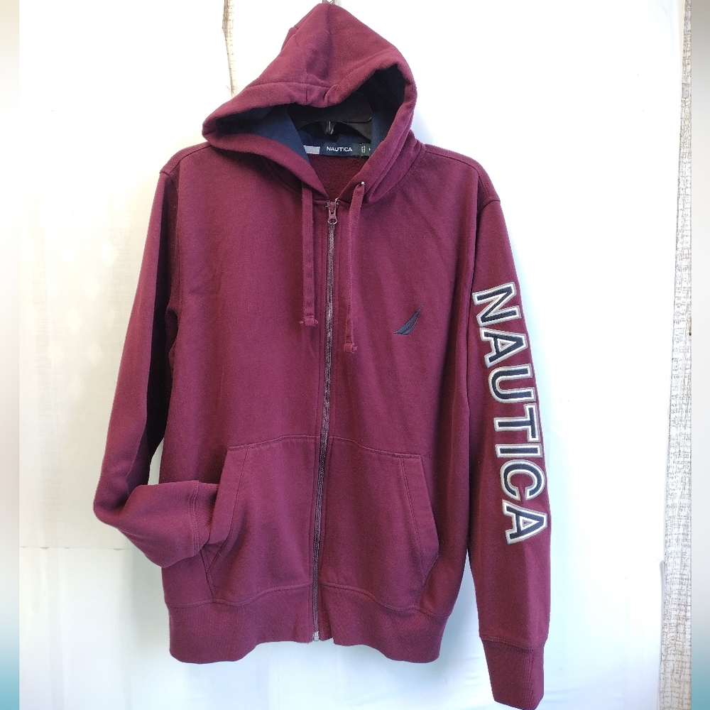 Nautica Men's Hoodie Sweatshirt Full Zip Logo Burgundy Size M